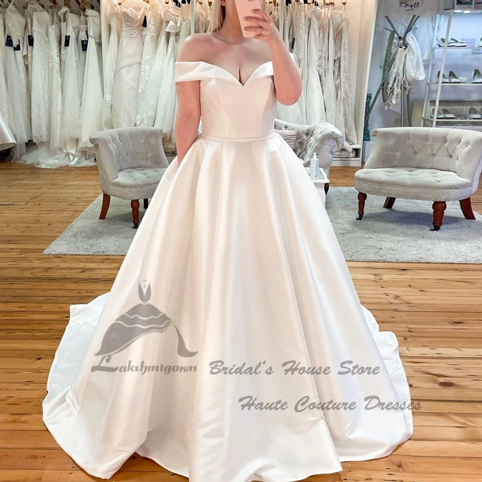 Lakshmigown Luxus Satin Hochzeit Kleider für Braut 2022 Weg Von der Schulter Hochzeit Kleider mit Taschen Vestido de Noiva Sereia