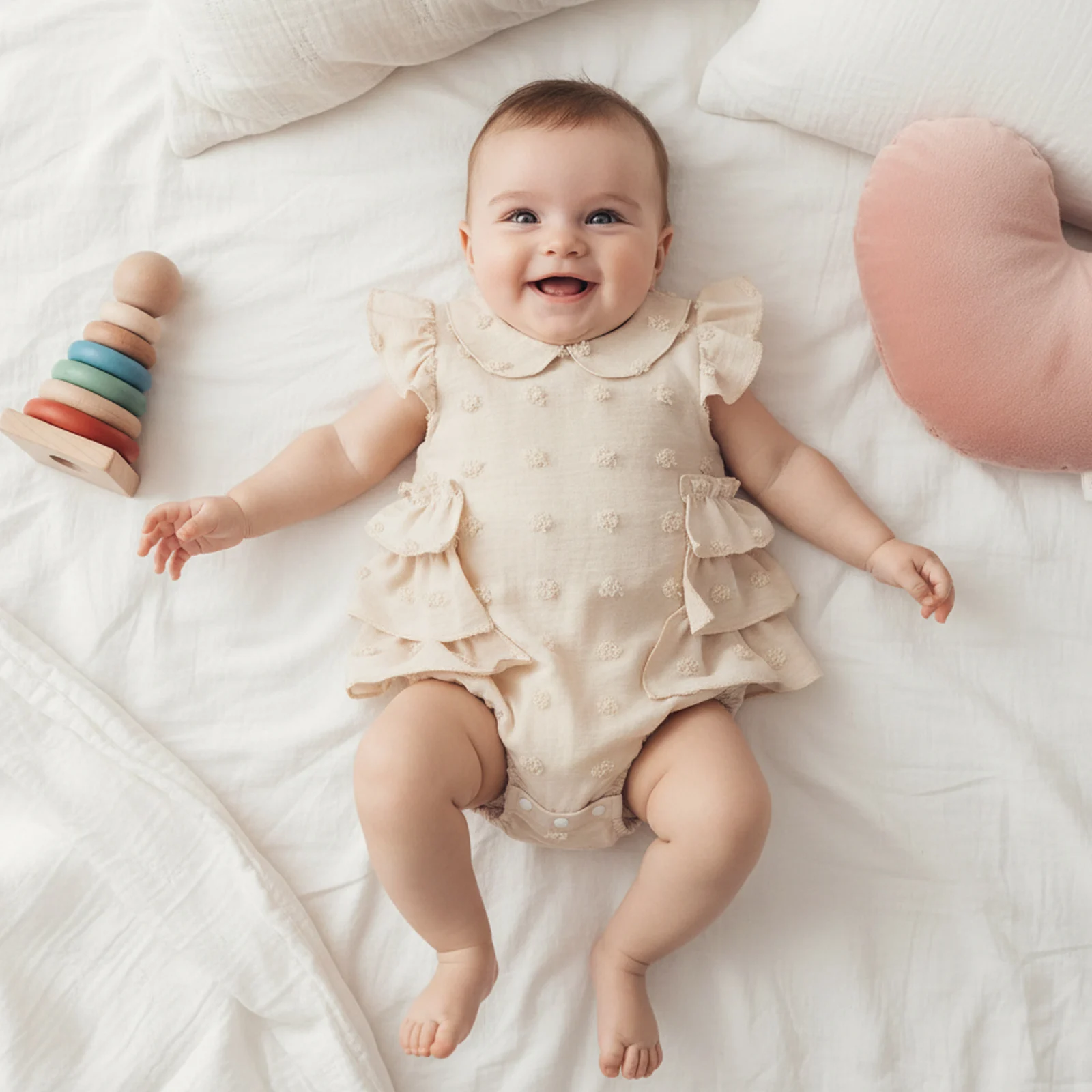 Infant Baby Girl Romper Summer Flying Sleeve Doll Collar Cute Dot Embroidery Ruffle Trim Decor Jumpsuit