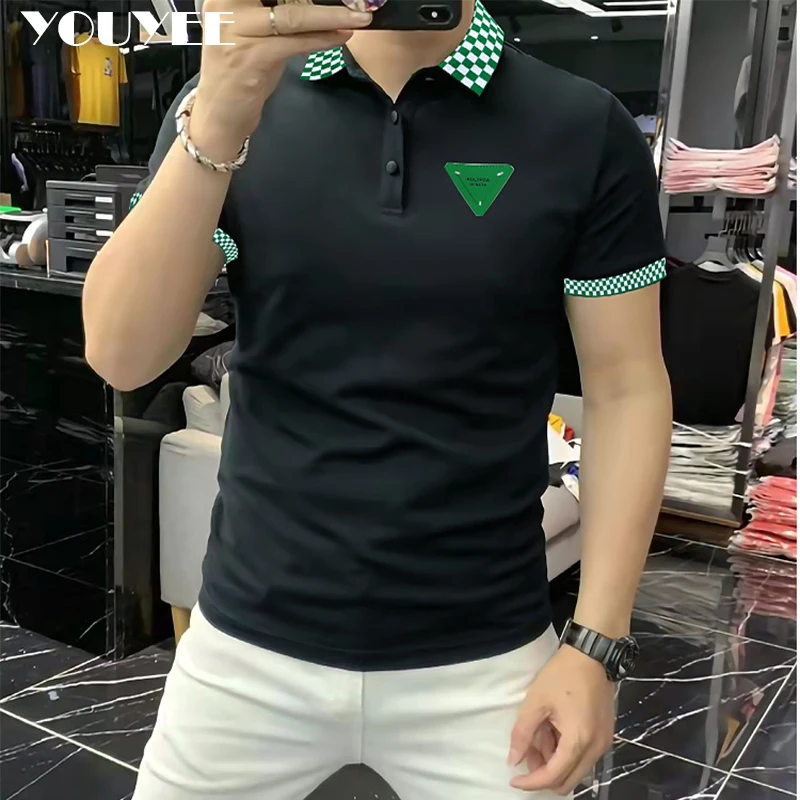 Summer New Men\'s Short Sleeved Polo Shirt Casual Versatile Plaid Pattern Lapel T-shirt Spot Slim MaleTop Breathable Clothing 4XL