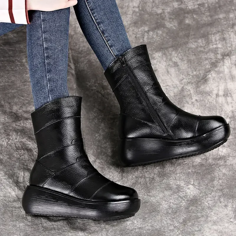 CEYANEAO Genuine Leather Flat Platform Half Boots Women Shoes  Winter Round Toe Vintage Platform Mid-Calf Boots Woman Zipper