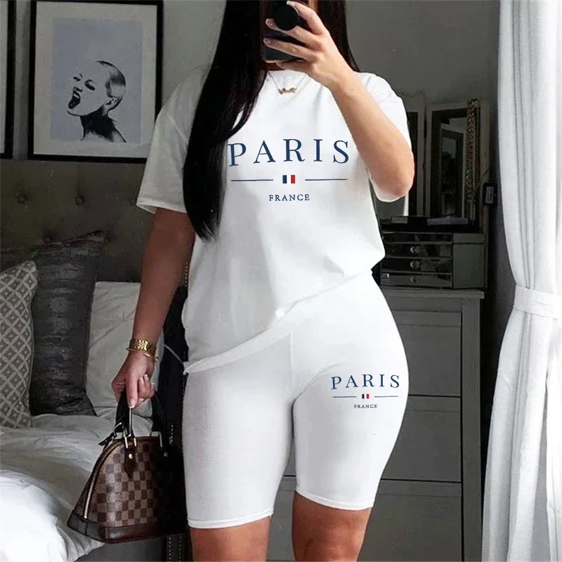 

Women's Summer Sports Wear 2pcs Set Paris Printed T-shirts and Shorts High Quality Ladies Home Outdoor Comfortable Outfits