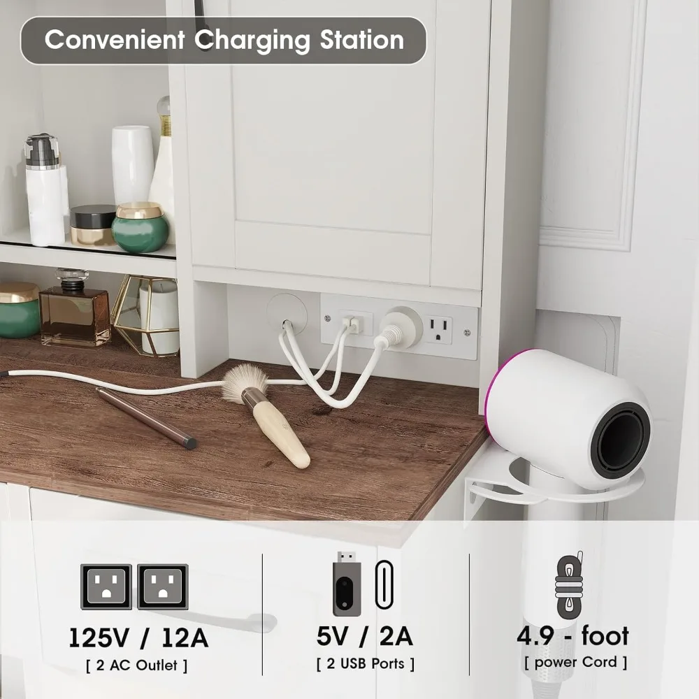 مكتب زينة مع مرآة وأضواء، طاولة مكياج مع أدراج وخزانة مجوهرات، زينة كبيرة مع مساحة تخزين، تزيين غرفة النوم #6