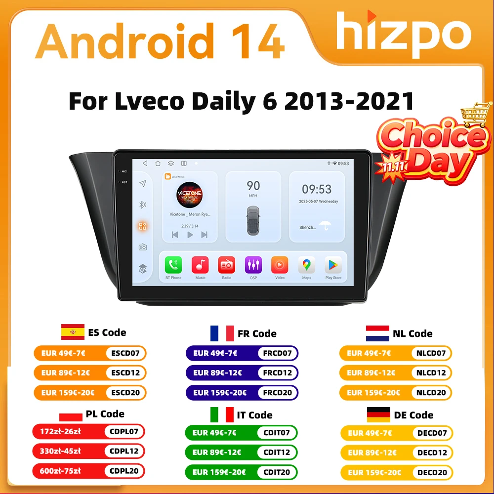 Hizpo 2Din 9inch Android Auto Car Radio for Iveco Daily 2013 - 2021 Snapdragon 6115 4G BT CarPlay SWC RDS DSP GPS Navi 360°CAM