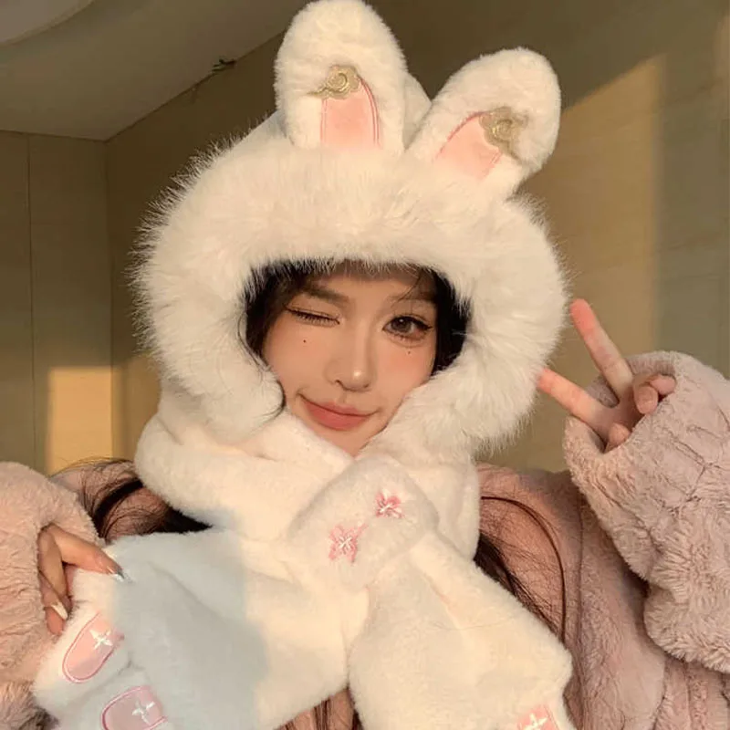 Ladies' Comfortable Rabbit Ear Velvet Hat and Scarf Set - Thick and Warm Winter Ear Protection Hat with Ear Protection Device