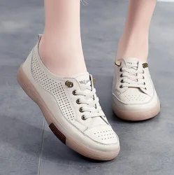 Women Flat Shoes Summer Breathable Cutout Casual Shoes Ladies Soft Bottom Genuine Leather Flats White Shoes Woman