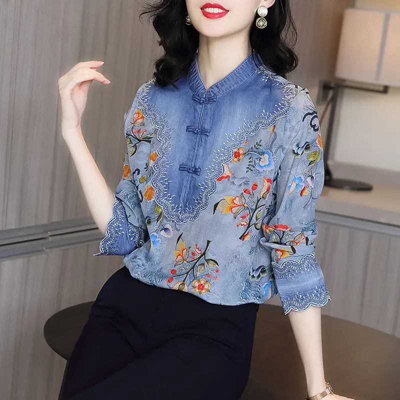 Vintage Embroidery Floral Print Chinese Style Elegant Shirts Women\'s Fashion Stand Collar Long Sleeve Top Blouse Clothing Blusas