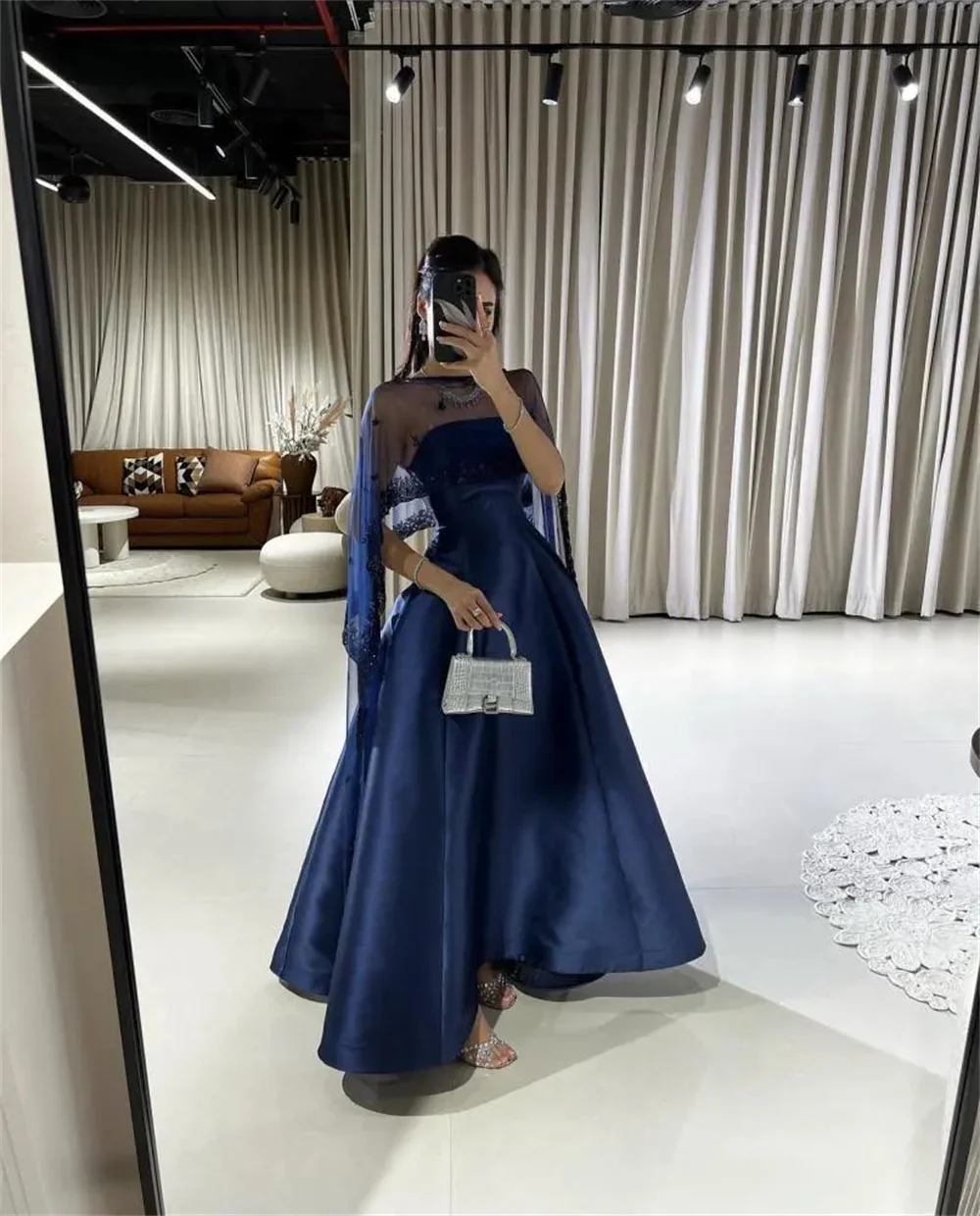 Cathy Navy Blue Satin Wedding Dresses Elegant Sleeveless Detachable Shawl vestidos de noche Floor-length Formal Evening 2024