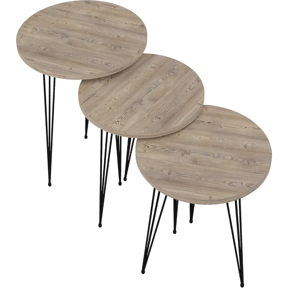 مجموعة طاولات متداخلة من خشب الصنوبر - 3 طاولات جانبية مستديرة قابلة للتكديس باللون الرمادي مع أرجل معدنية لمسات غرفة المعيشة #5