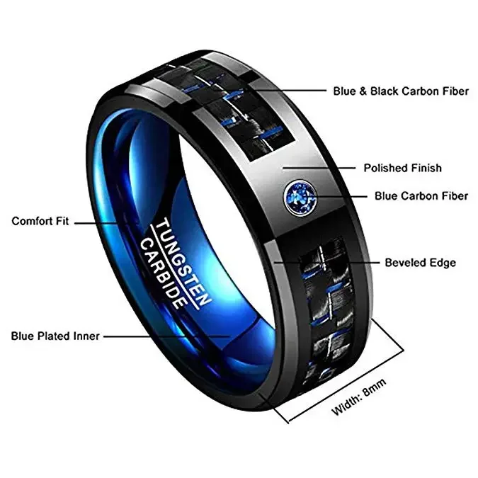 NUNCAD Men's 8mm Black Tungsten Carbide Ring Blue Carbon Fiber Polished Finish Comfort Fit Tungsten Steel Ring Size 6-15