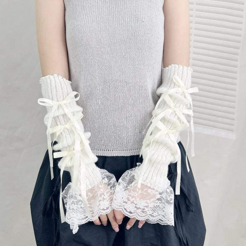 Millennium Y2k Hot Girl Lace Trim Bow Cute Girly Knitted Cable Knit Hand Sleeves Fake Sleeves Gloves for Women