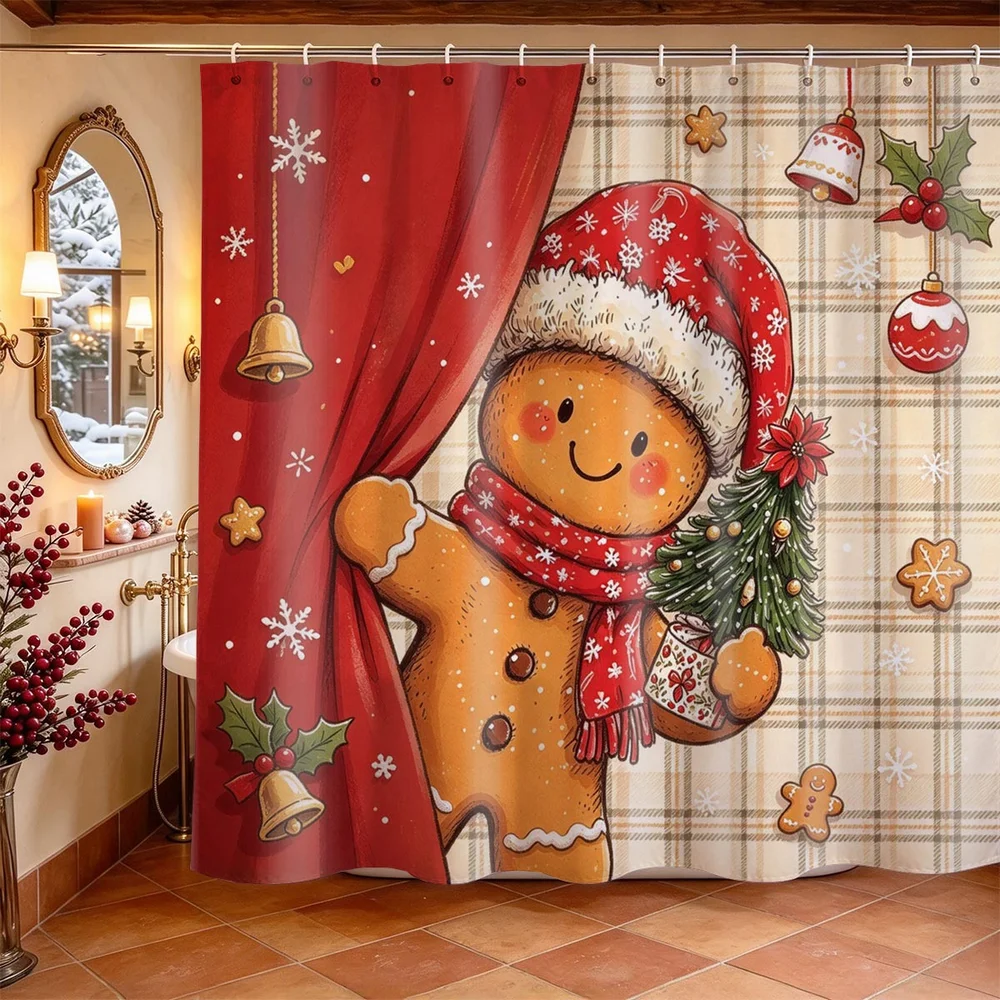 Christmas Shower Curtain Santa Claus Snowman Gingerbread Man Cartoon Christmas Tree Home Polyester Fabric Bathroom Decor Curtain
