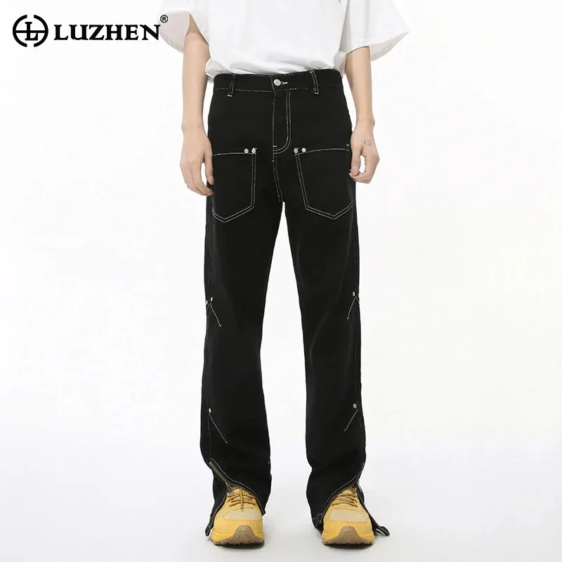 LUZHEN Fashion Jeans Split Bright Thread Design Multi Pocket Solid Color Wide Leg Denim Pants Casual Autumn Male Trousers LZ5409