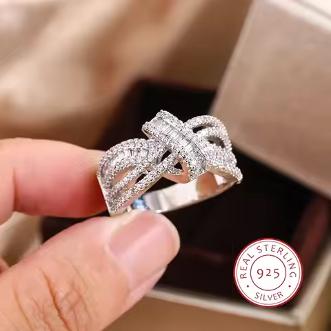 New Luxury Fashion Women 925 Silver Plated Wedding Party Ring Unique Bow Personality Zircon Ring Exquisite Jewelry