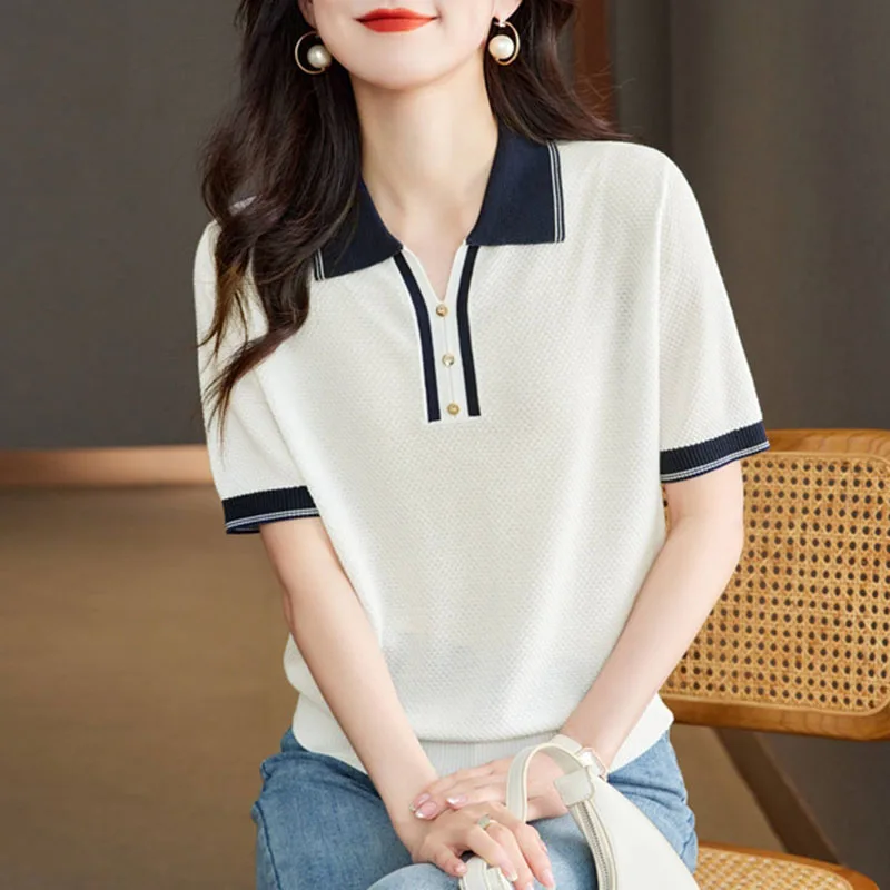 Feminino elegante contraste cor de malha pulôver turn down collar branco t camisas manga curta camisola topos feminino 2025 verão