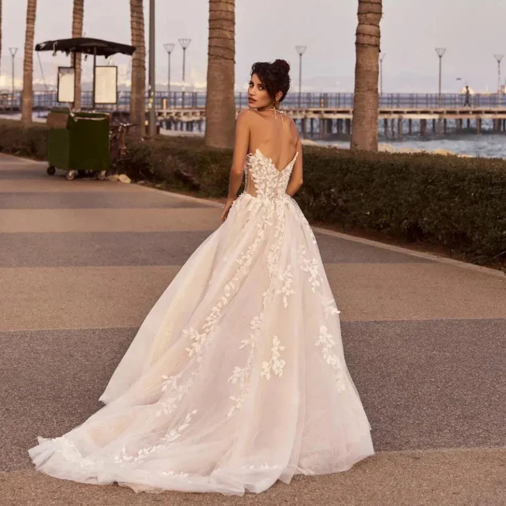 فساتين زفاف بوهو بفتحة عالية فستان عروس مخصص على شكل حرف A فاخر مزين بفساتين زفاف بدون ظهر فيستدوس دي نوفيا