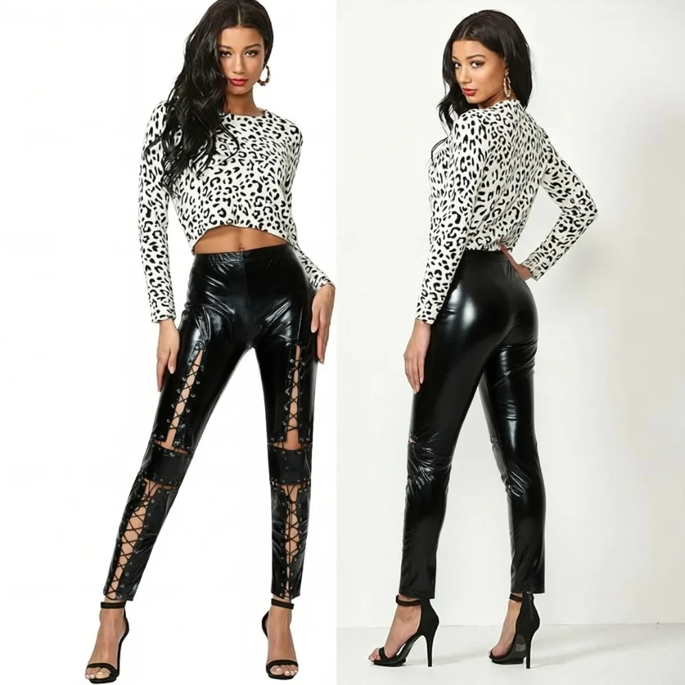 Damen Gothic Schnürhose Punk Rock Kunstlederhose Party Nacht Bar Sexy Lederleggings Tanz Disco Slim Hose – Detail 10