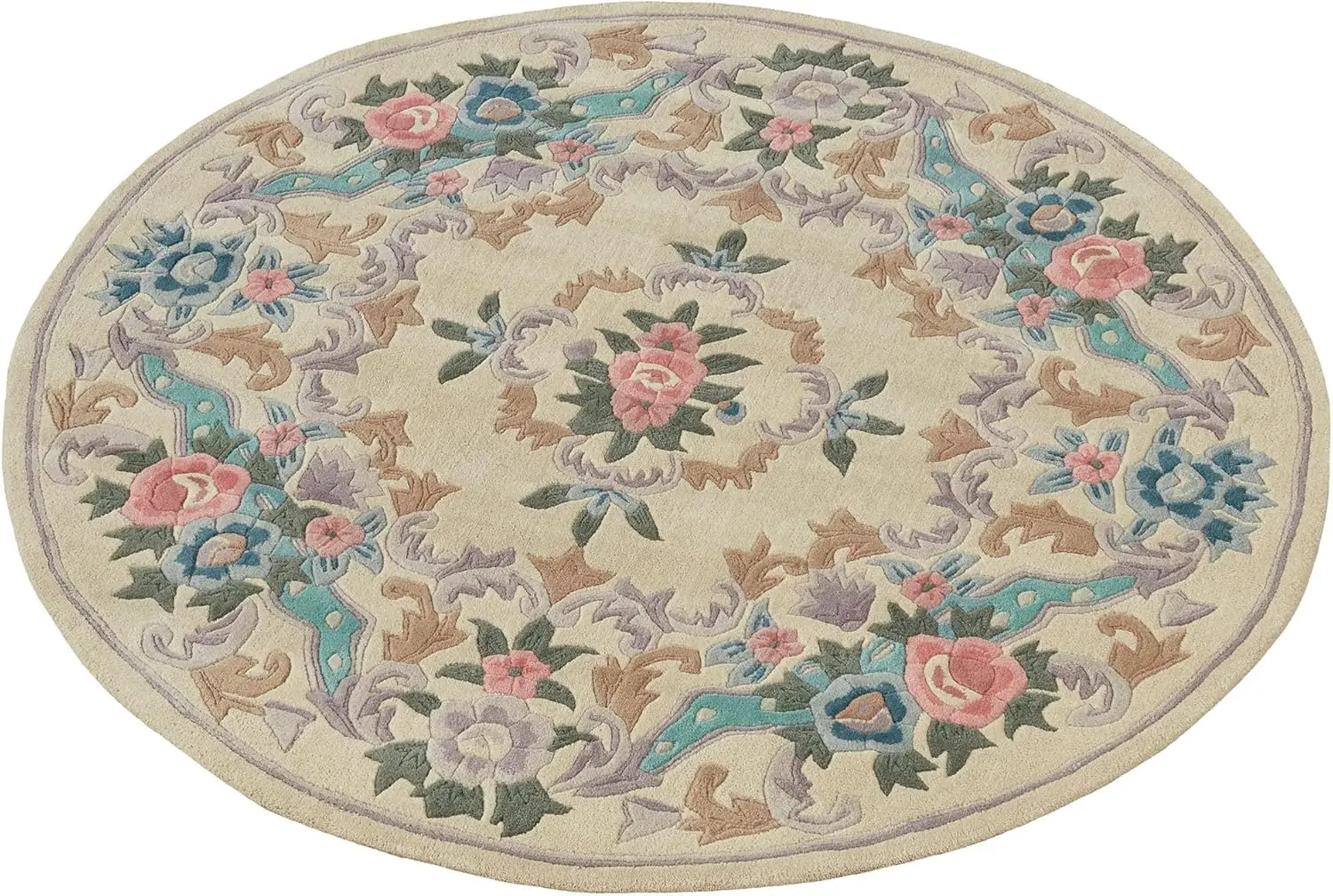 Round Area Rug | 5 feet 9 inches | Neutral Ivory | Handcarved, Thick Pure Wool Circle Area Rug with Flowers and Scrollwork