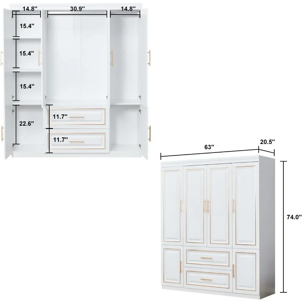 White Wood Bedroom Armoire with Hanging Rod & Quadruple Doors - Closet Organizers & Storage Solutions 63