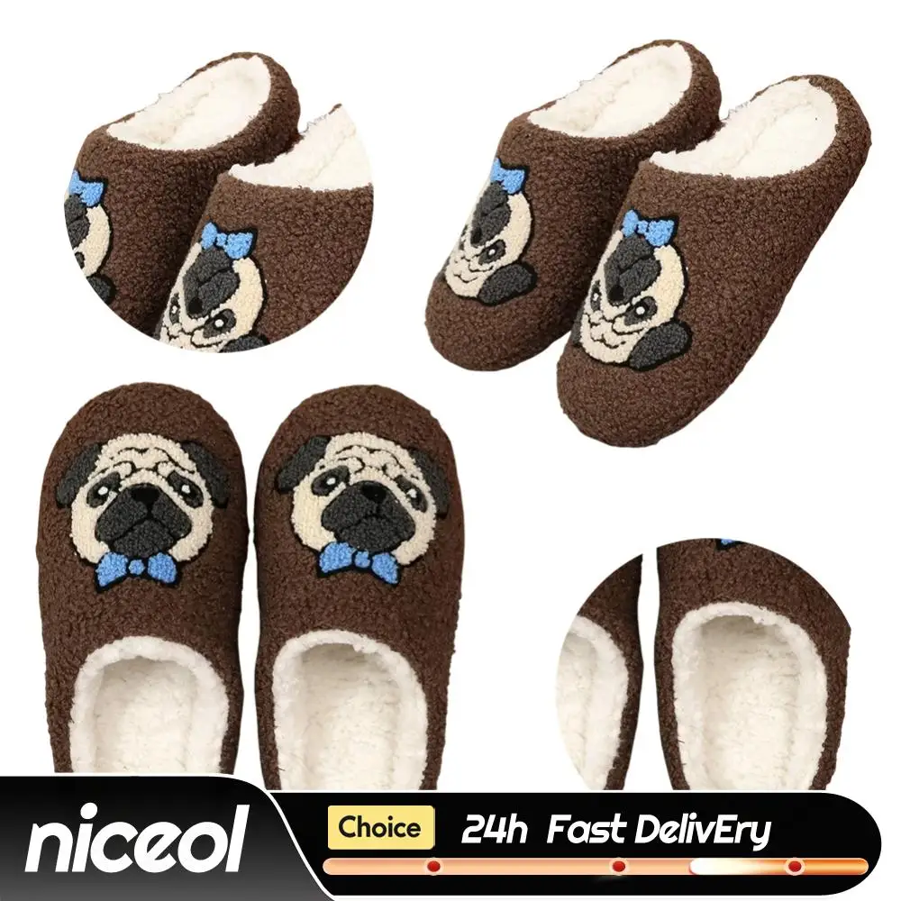 

Pug Pattern Flat Thermal Slippers Anti Slip Warm Slip- House Shoes Thick-Soled Soft Plush Slippers for Winter Autumn