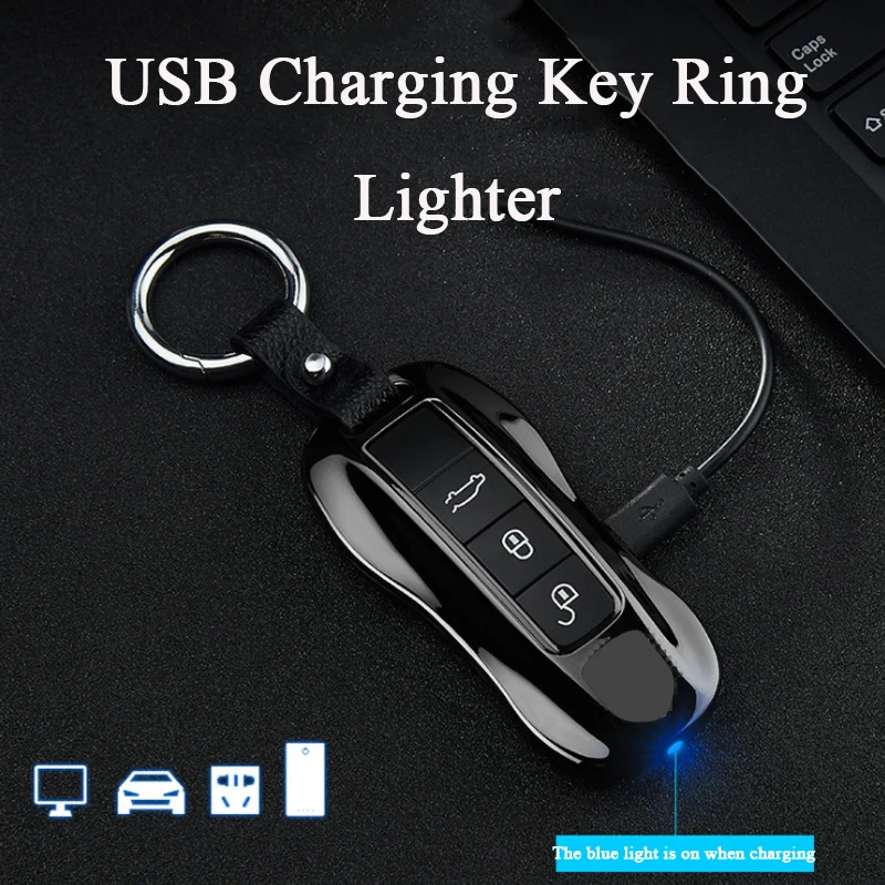 Creative Car Key Charging Lighter Personalized Keychain with Flashlight Metal Windproof USB Lighter Men\'s Portable Smoking Gift