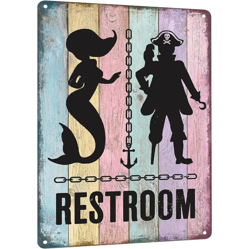 Mermaid Bathroom Decor - Pirate Themed Restroom Signs - Vintage Nautical Wall Decor - Funny Beach Toilets Door Signs