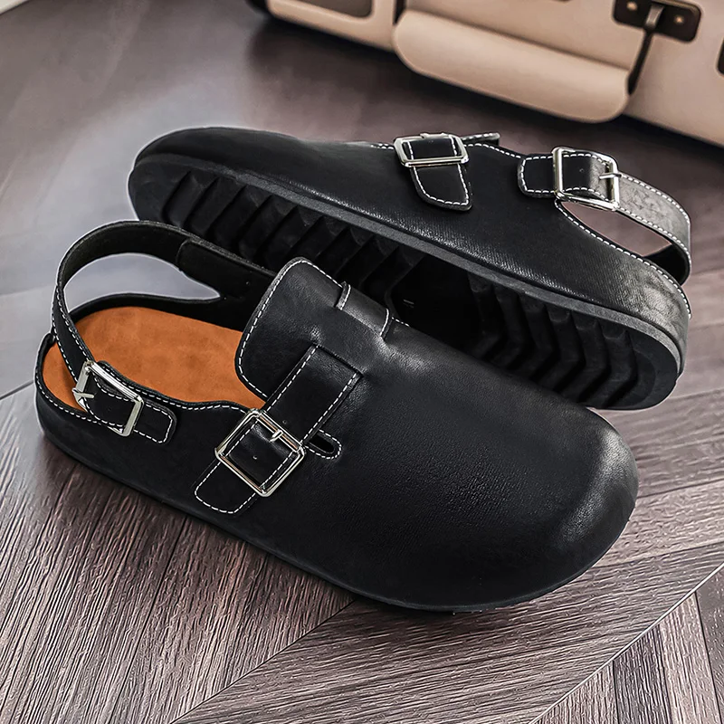 

Men Mule Shoes New Slip-On Casual Loafers with Pu Upper Cork Grain Closed-Toe Half Slippers Flat Slippers with Adjustable Buckle