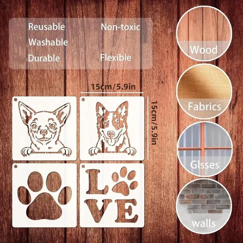 15*15cm Pet Dog Theme Stencils PET Hollow Leak Printing Board DIY Layering Furniture Wall Painting Template Decoration Reusable