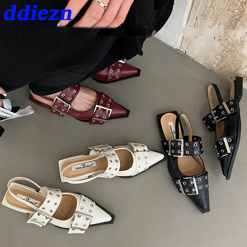 Women Flat With Shoes 2026 Designer Luxury Buckle Fashion Ladies Flats Shoes Slingback Pointed Toe Casual Female Sandals Mules
