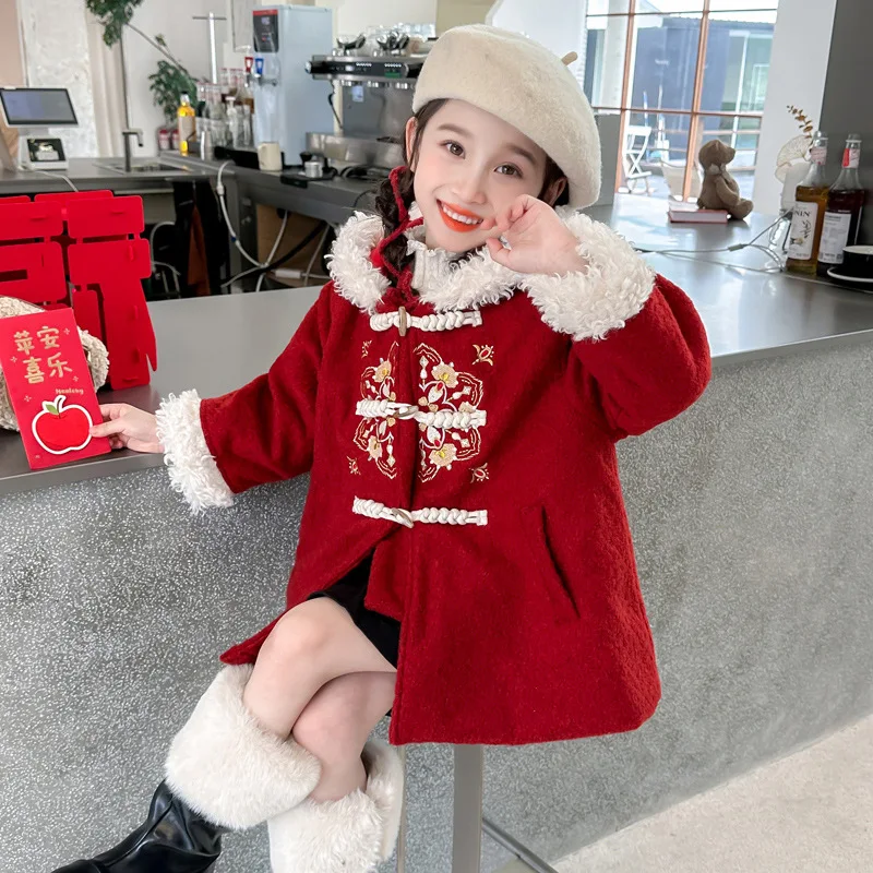 Girls Red Wool Coat 2025 New Year Fashion Simple Casual Fleece Thick Warm Coat 2-8 Years Old Kids Clothes Korean Simple Style