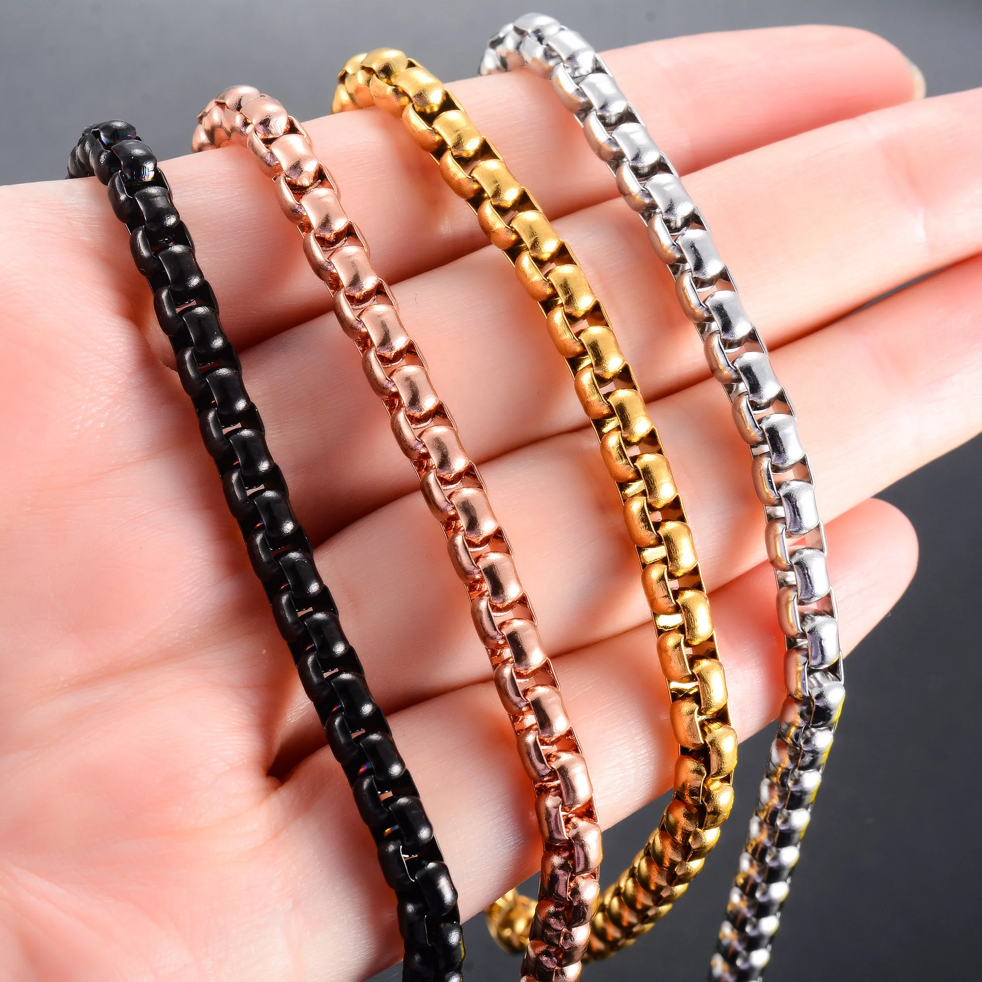 2/3/4/5 mm Herren-Box-Kette, Edelstahl-Halskette, Halsband für Damen, Silber/Gold/Schwarz/Roségold, Farbe 14–40 Zoll, Metallschmuck