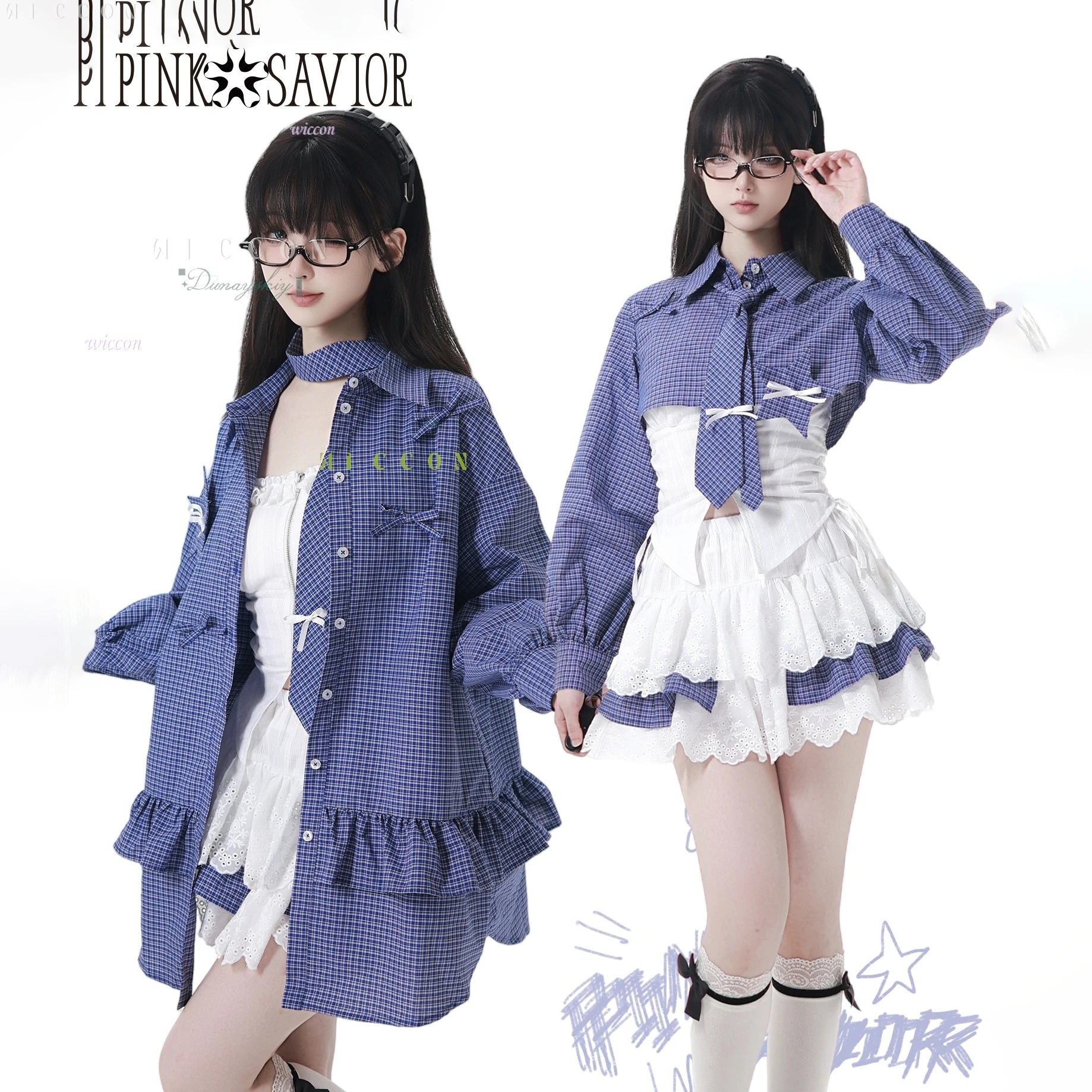 

Halloween Costumes New Women Blue Checkered Top Coat Mini Skirt Camisole Tie Harajuku Fashion Adult Women disfraz 2108
