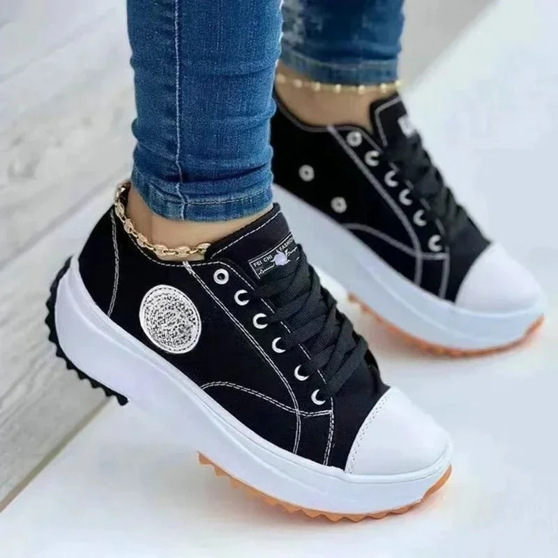 Tênis Casuais Femininos de Lona para Outono, Calçados Casuais Femininos de Marca, Sapatos Planos com Cadarço para Caminhada, Oferta Especial