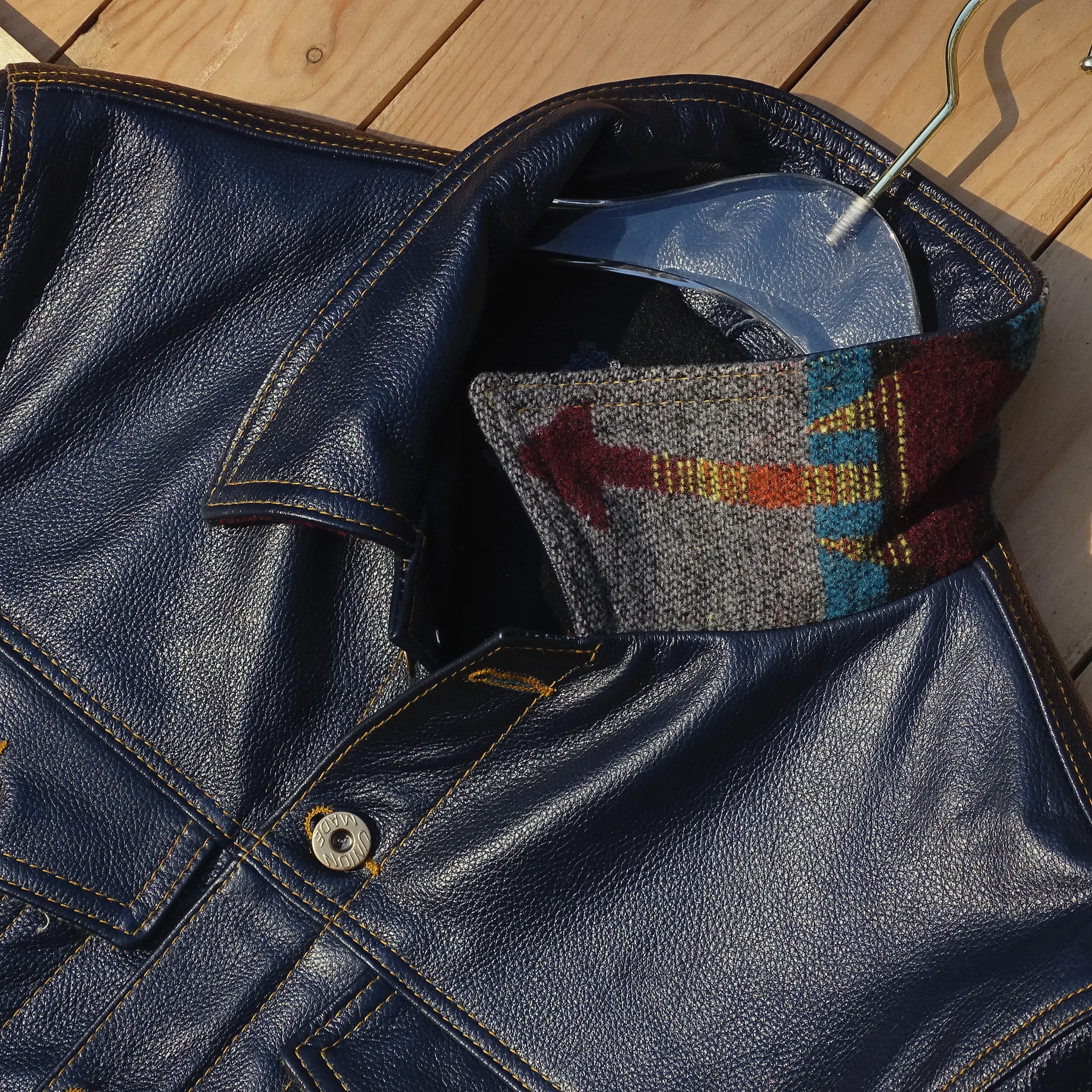 Blue Genuine Leather Jaet Warm Inner Navaeho Woolen Denim Retro American Sle ort Fit Youth Spring Casual Faion