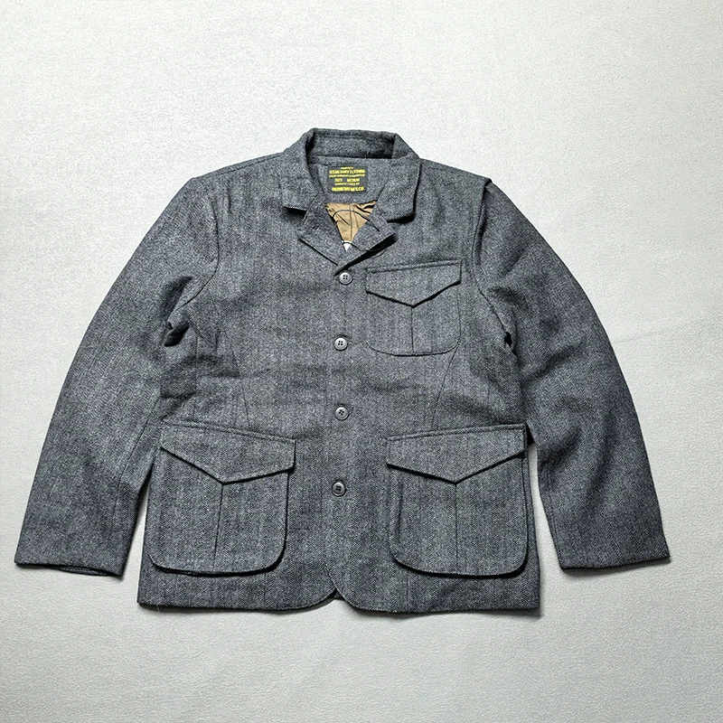 2025 Autumn and Winter New American Retro Chevron Thick Wool Blazers Men's Simple Multi-pocket Stand Collar Casual Suit Jacket