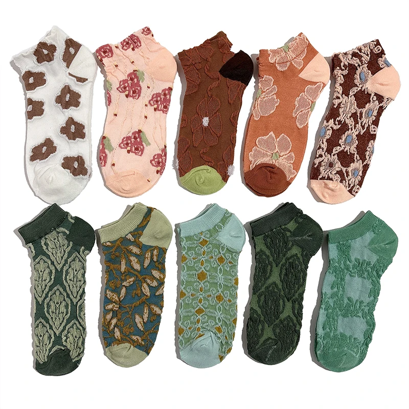 5/10 Pairs Women's Vintage Floral Embossed Ankle Socks, Soft Cotton Blend Breathable Moisture Wicking Short Socks For Daily Casu