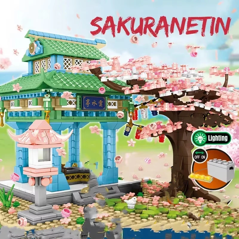 1106PCS Sakura Street View Blocks City Cherry Blossom Japanese Sakura Tree Lighting House Mini Model Building Children DIY Toys