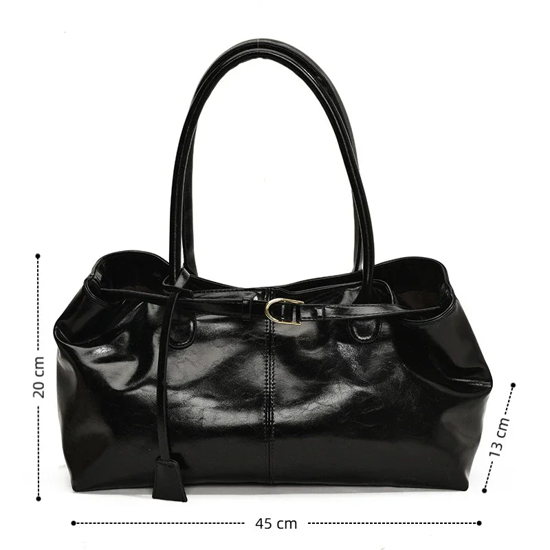 Vintage Large Capacity Tote Bag, Women Glossy Faux Leather Single‑Shoulder Commute Underarm Handbag Korean‑Style Minimalist