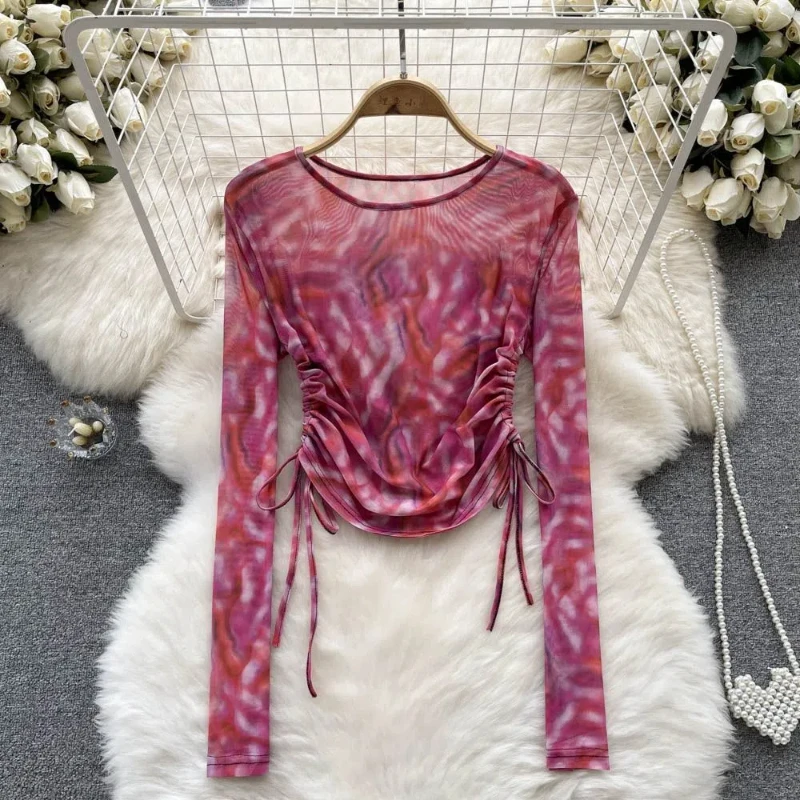 Tie Dye Drawstring Slim T Shirts Summer New Long Sleeve O-neck Net Yarn Thin Lacing Trend Tops Tees Casual Fashion Women Clothes