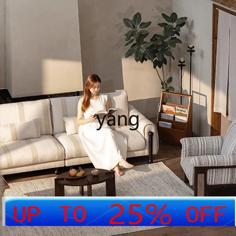 

Lmm retro striped removable washable cotton and linen fabric sofa solid wood living room small apartment straight row