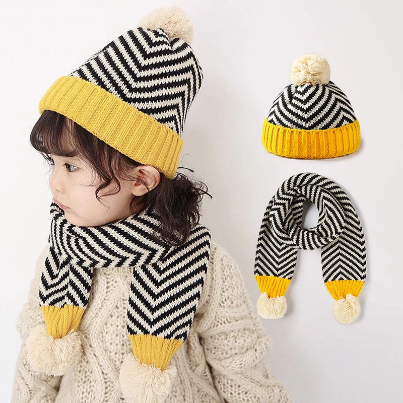 

Kids Fashion Striped Scarf Knitted Woolen Hat 2-5Year Boy Girl Baby Winter Warm Pullover Cap Children Neckerchief Pompom Beanies