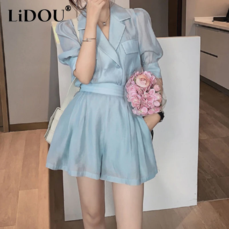 Summer New Fashion Solid Chiffon Two Piece Set Puff Sleeve Pockets Casual Lady Chic Blouse and Short Suits Korean Female Clothes