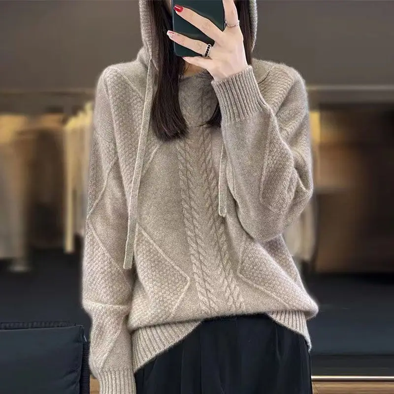 

Women Loose Long Sleeve Diamond Pattern Hooded Knitted Sweater Casual Pullover Pure Color
