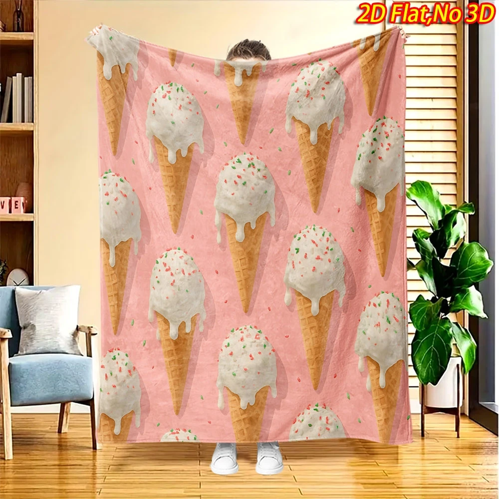 1pc Cute Ice Cream Cone Print Flannel Throw Blanket 2D Flat Soft Cozy Blanket for Bedroom Living Room Dorm Decor