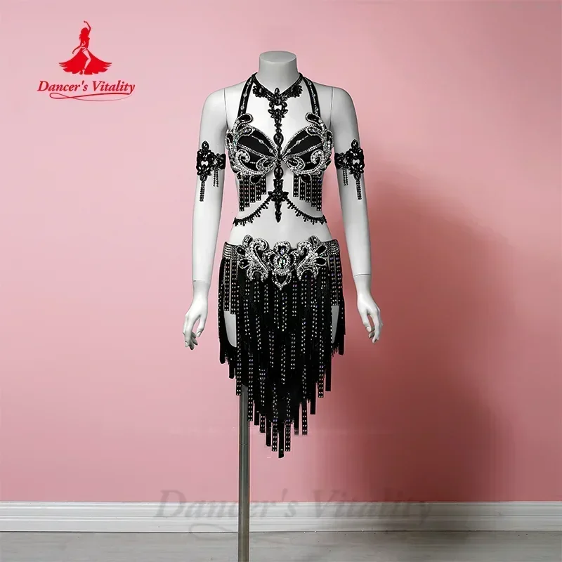 Bellydance Suit Customized Senior AB Stones Bra+Sexy Split Tassel Skirt 2pcs Women Oriental Belly Dancing Performance Clothing