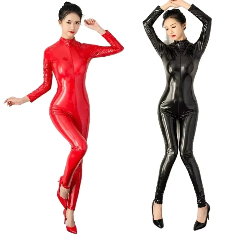 Macacão feminino sexy de couro sintético, body de látex de pvc com zíper frontal, virilha aberta, meia-calça elástica, traje erótico