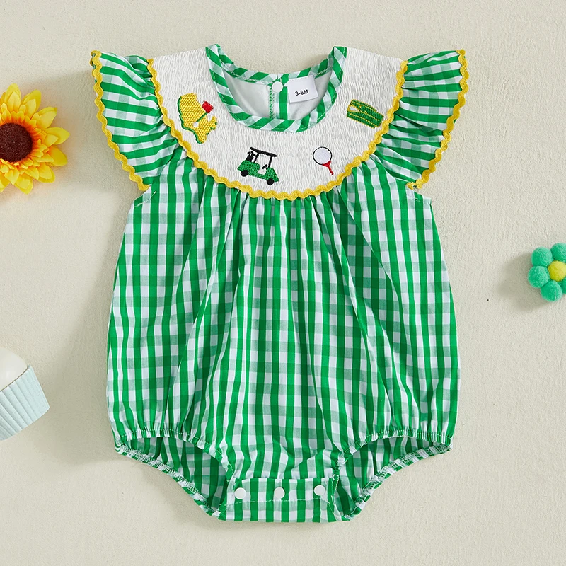

Baby Girl Summer Plaid Romper Flying Sleeve Round Neck Golf Embroidery Sweet Jumpsuit