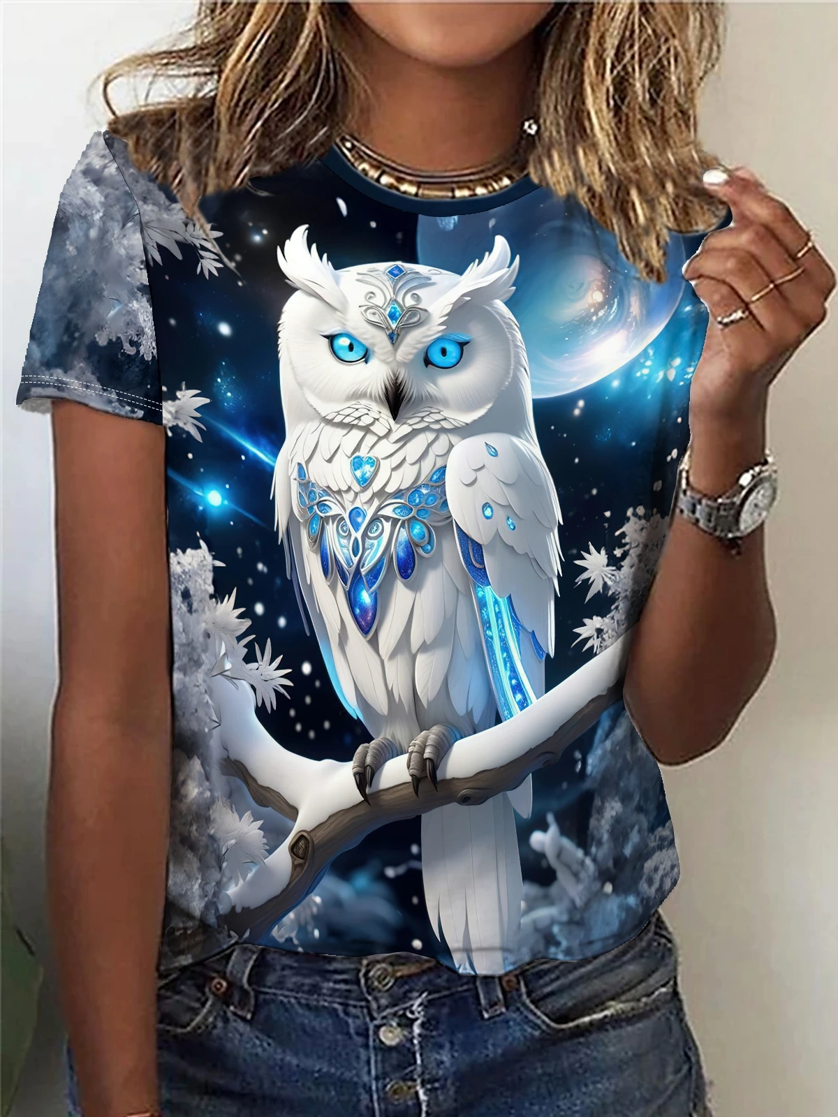 Owl Print Crew Neck T-Shirt, Casual Short Sleeve Top For Spring & Summer, Women\'s Clothing