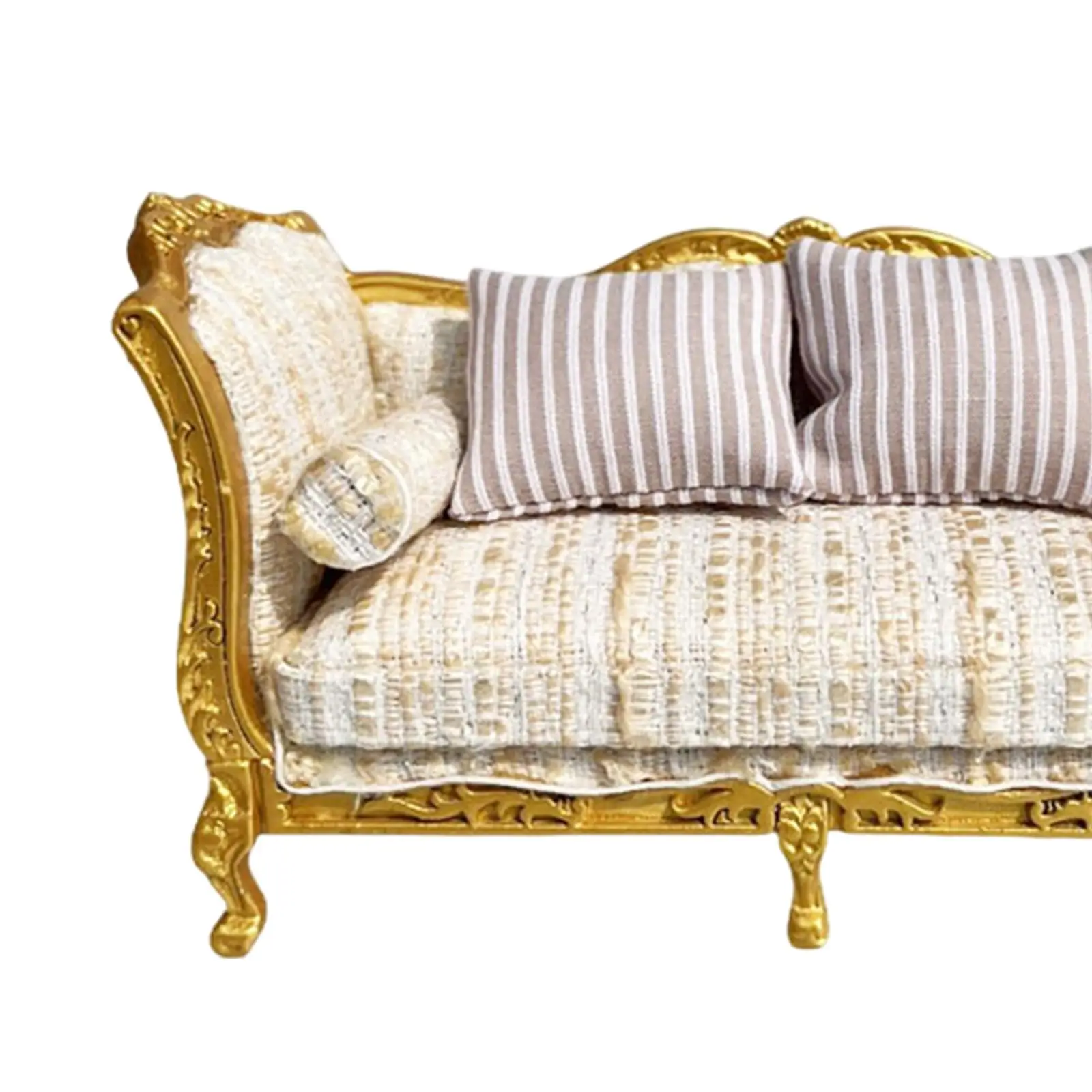 Sofá de madera en miniatura para casa de muñecas, modelo de sofá decorativo en miniatura dorado para casa de muñecas