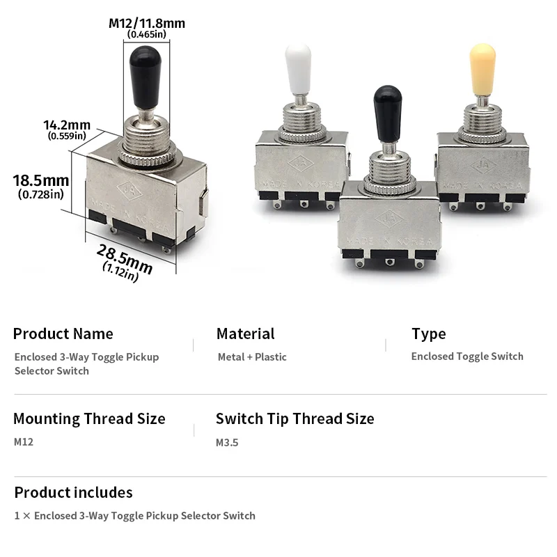 Electric Guitar Square Enclosed Pickup Selector Switch 3-Way Toggle Switch Multi-Color Switch Tips Available