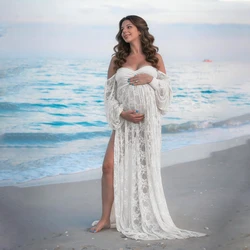 Maternity Dress Soft Stretchy Lace Off Shoulder Doubly Split A line Skirt Pregnancy Maxi Gown for Photoshoot
